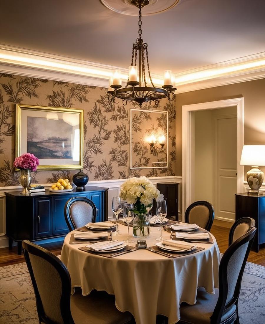 Dining room with botanical wallpaper