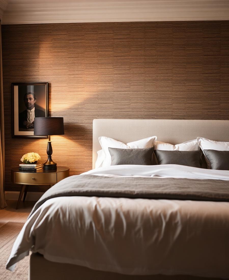 Bedroom with grasscloth wallcovering